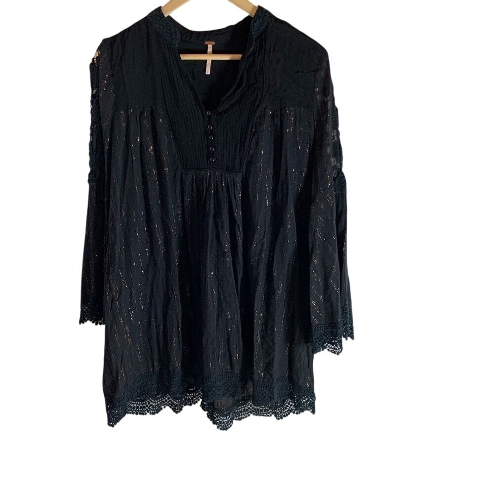 Free People Black/Gold Mixed‎ Texture Tunic Smock